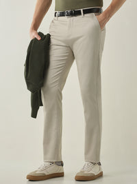 Men's Solid Cotton Lycra Solid Regular Fit Casual Trousers - Beige