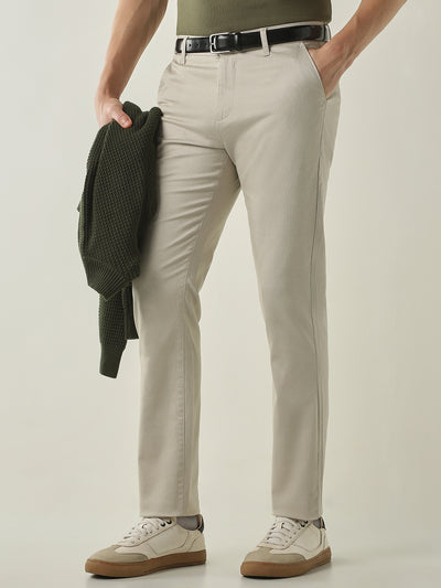 Men's Solid Cotton Lycra Solid Regular Fit Casual Trousers - Beige