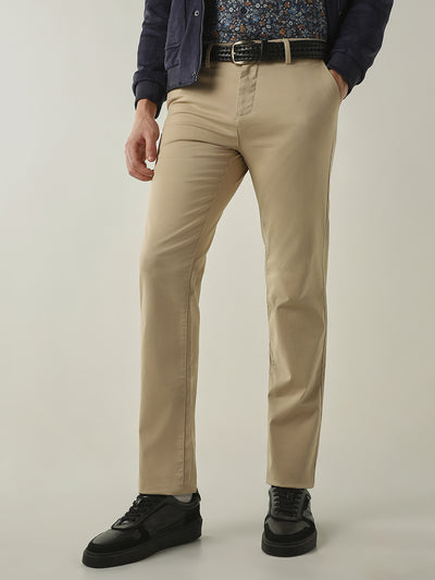 Men's Solid Cotton Lycra Solid Regular Fit Casual Trousers - Cream
