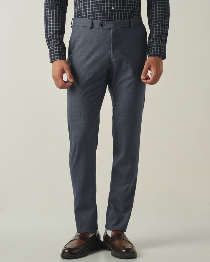 Men's Solid Poly Viscose Elastane Slim Fit Formal Trousers - Blue