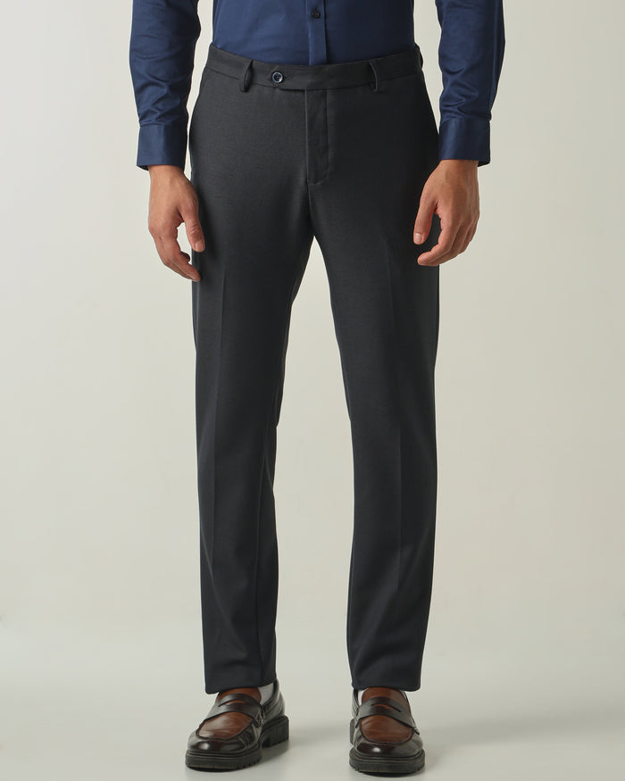 Men's Solid Poly Viscose Elastane Regular Fit Formal Trousers - Dark Grey