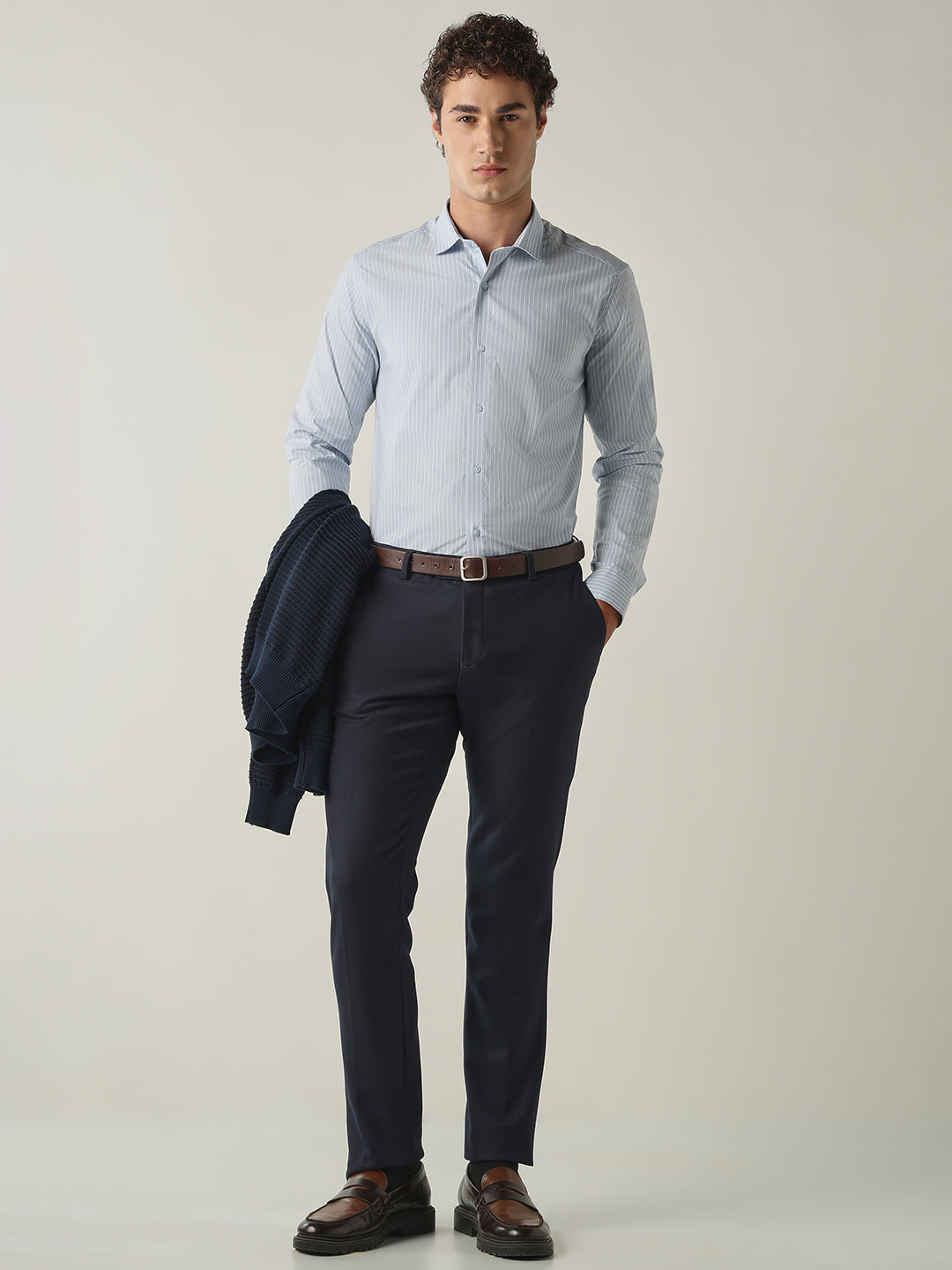 Men's Solid Poly Viscose Elastane Regular Fit Formal Trousers - Navy