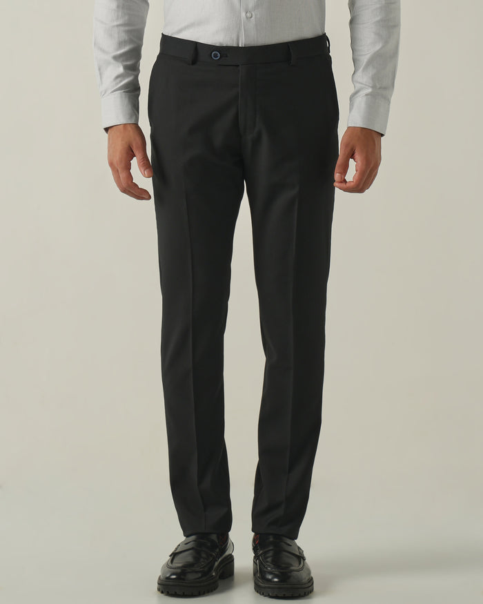 Men's Solid Poly Viscose Elastane Regular Fit Formal Trousers - Black