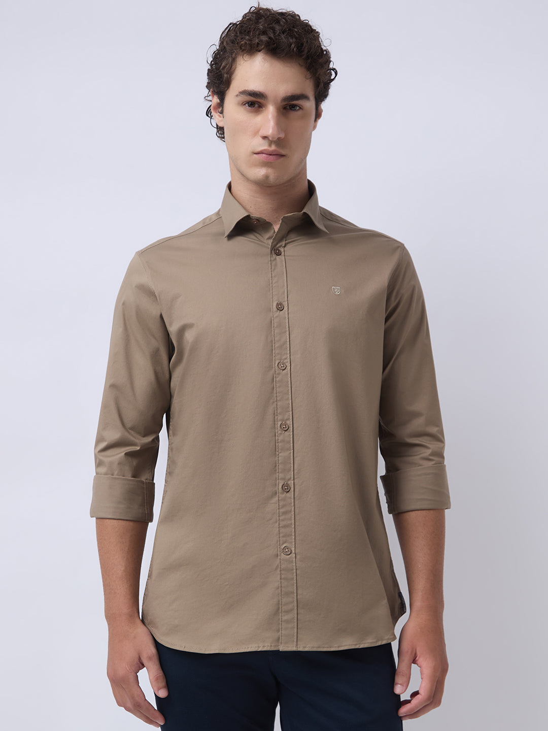 Men's Cotton Stretch Solid Slim Fit Full Sleeve Casual Shirt - Khaki