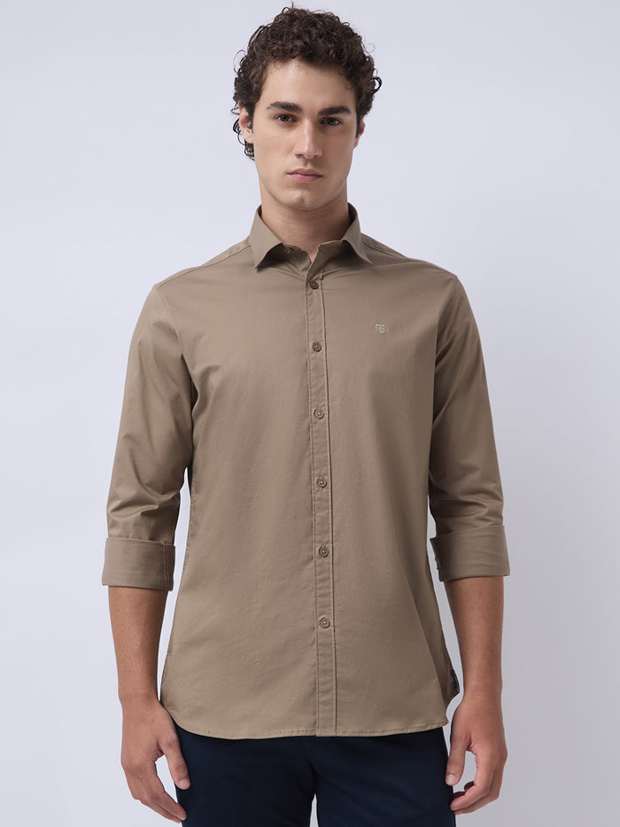Men's Cotton Stretch Solid Slim Fit Full Sleeve Casual Shirt - Khaki