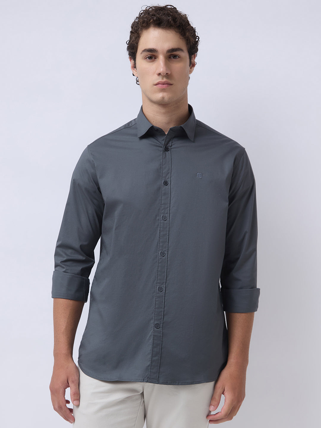 Men's Cotton Stretch Solid Slim Fit Full Sleeve Casual Shirt - Steel Grey