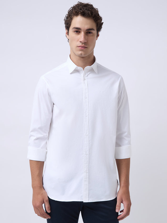 Men's Cotton Stretch Solid Slim Fit Full Sleeve Casual Shirt - White