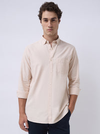 Men's Pure Cotton Oxford Solid Slim Fit Full Sleeve Casual Shirt - Beige