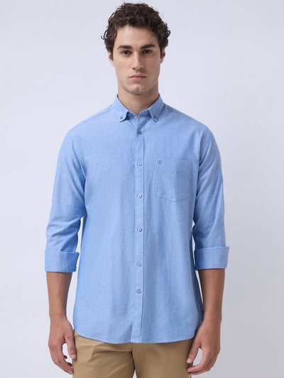 Men's Pure Cotton Oxford Solid Slim Fit Full Sleeve Casual Shirt - Blue