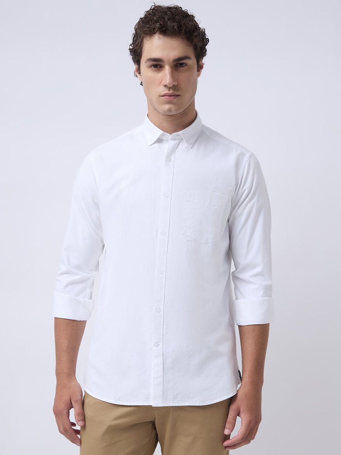 Men's Pure Cotton Oxford Solid Slim Fit Full Sleeve Casual Shirt - White