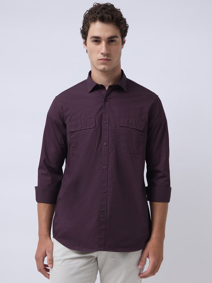 Men's Pure Cotton Solid Regular Fit Full Sleeve Casual Shirt - Wine