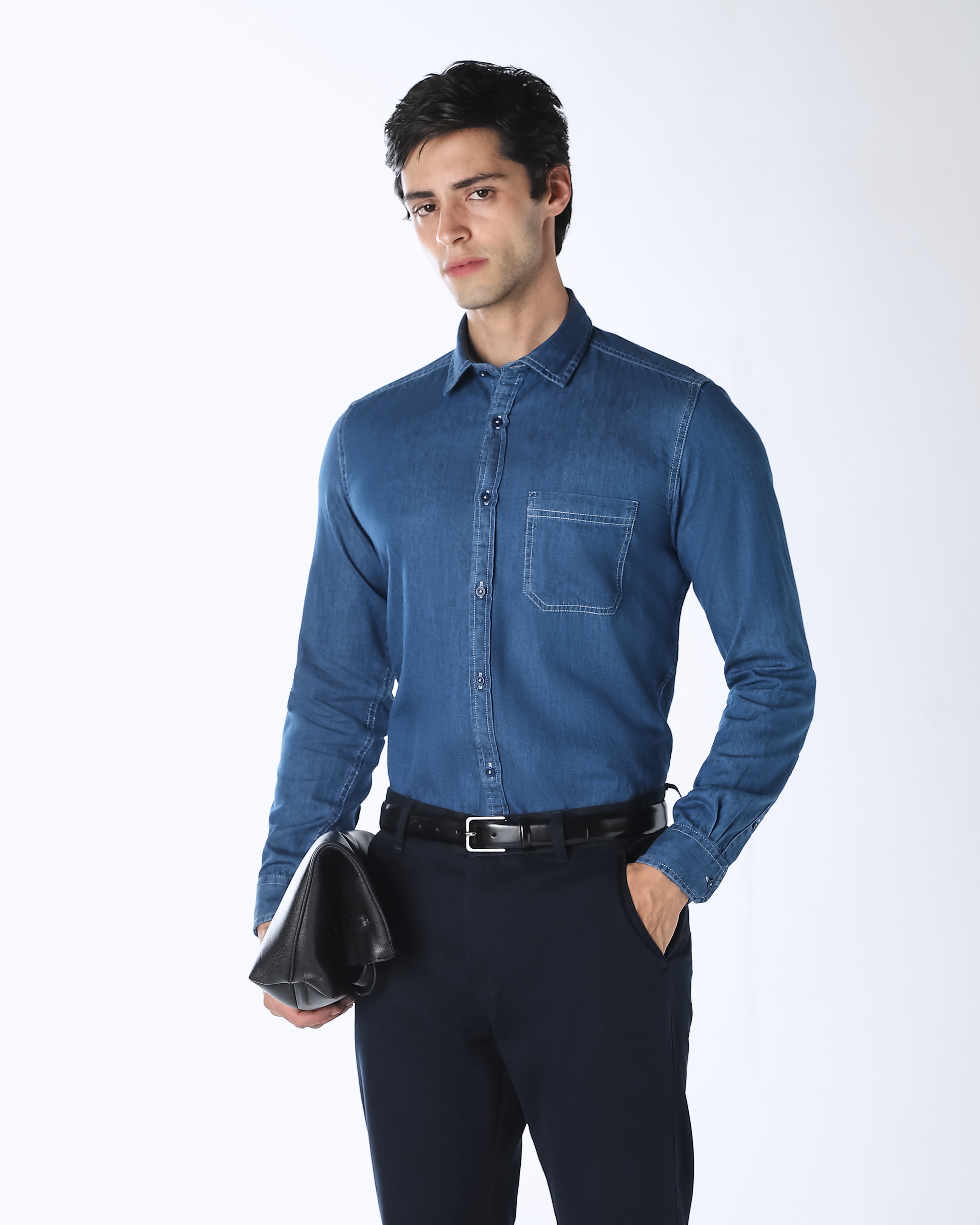 Dark Blue Denim 100% Cotton Slim Fit Casual Full Sleeve Shirt