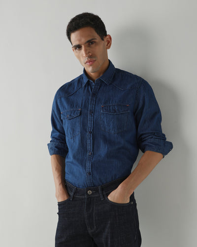 Premium Best Dark Blue Denim 100% Cotton Slim Fit Casual Full Sleeve Shirt
