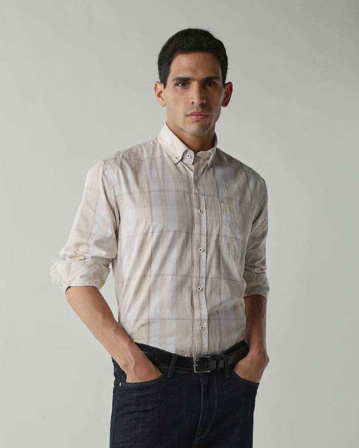 Men's Pure Cotton Checks Regular Fit Full Sleeve Casual Shirt - White & Yellow