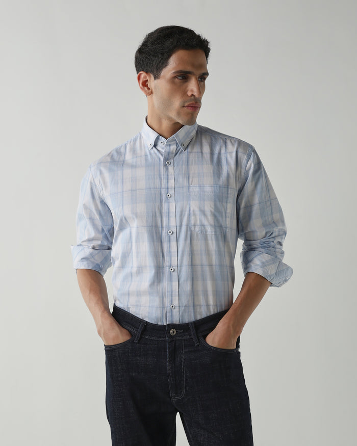 Men's Pure Cotton Checks Regular Fit Full Sleeve Casual Shirt - Blue