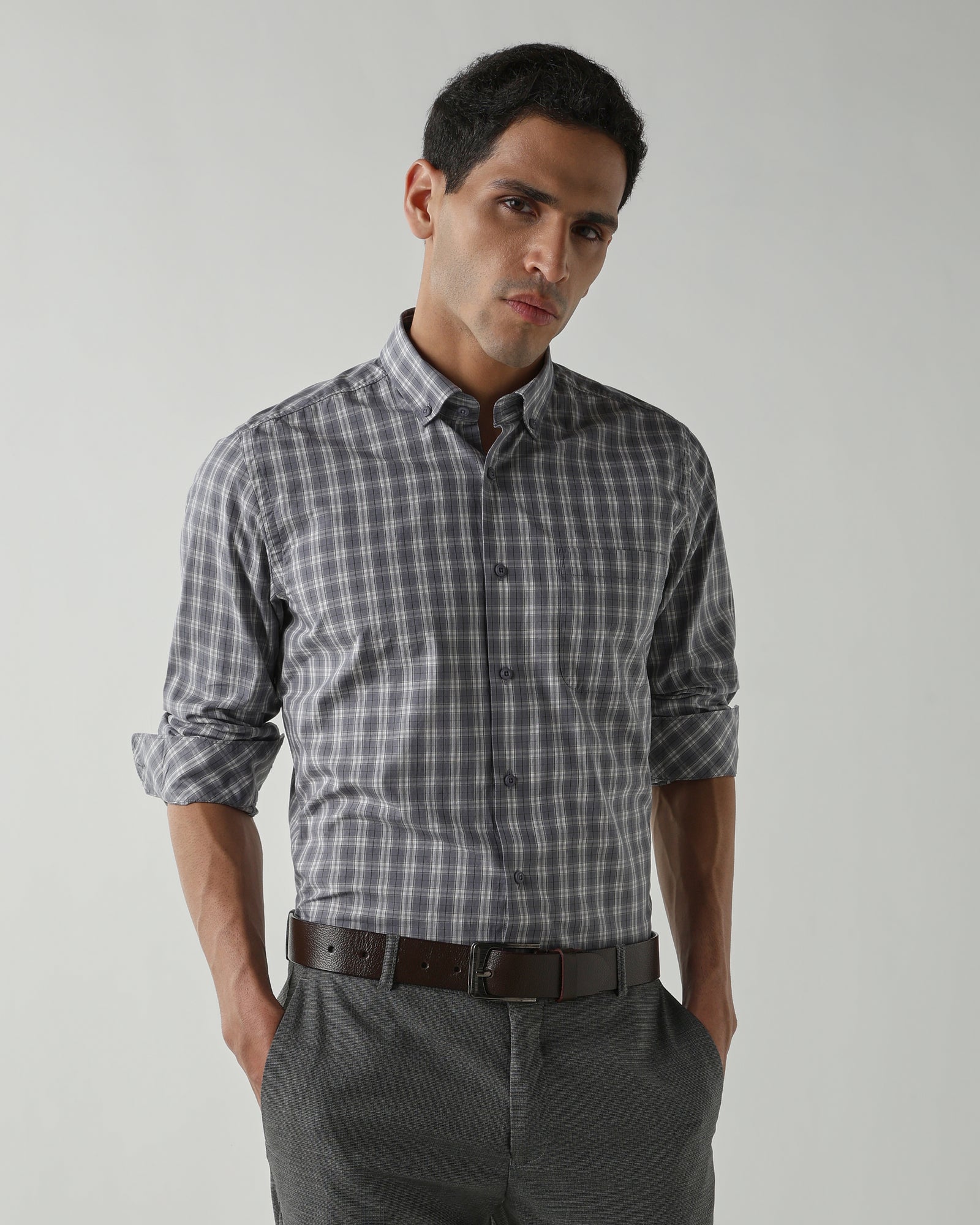 Grey/White Pure Cotton Shirts for Men | Slim Fit Luxury Wear