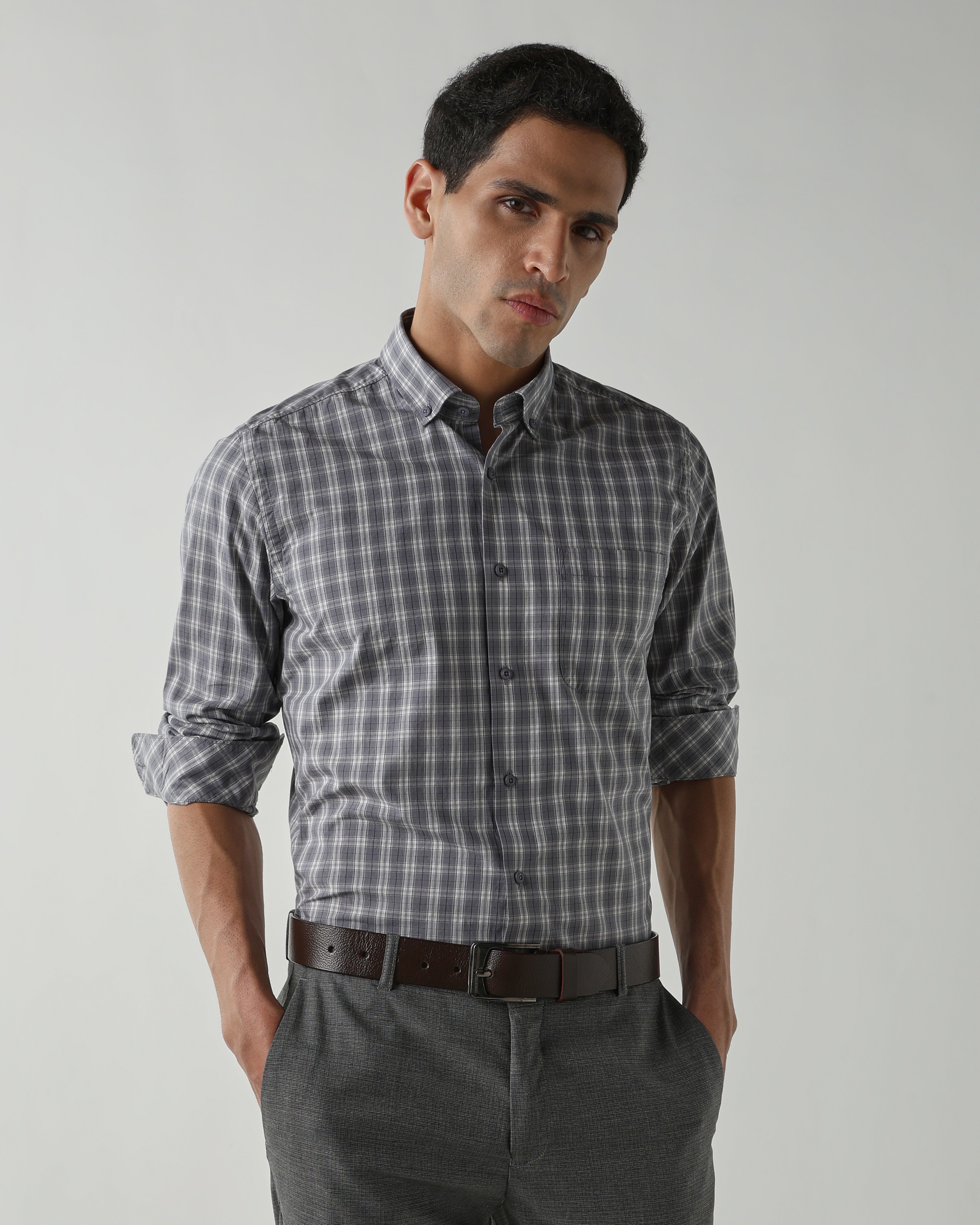 Grey/White Pure Cotton Shirts for Men | Slim Fit Luxury Wear