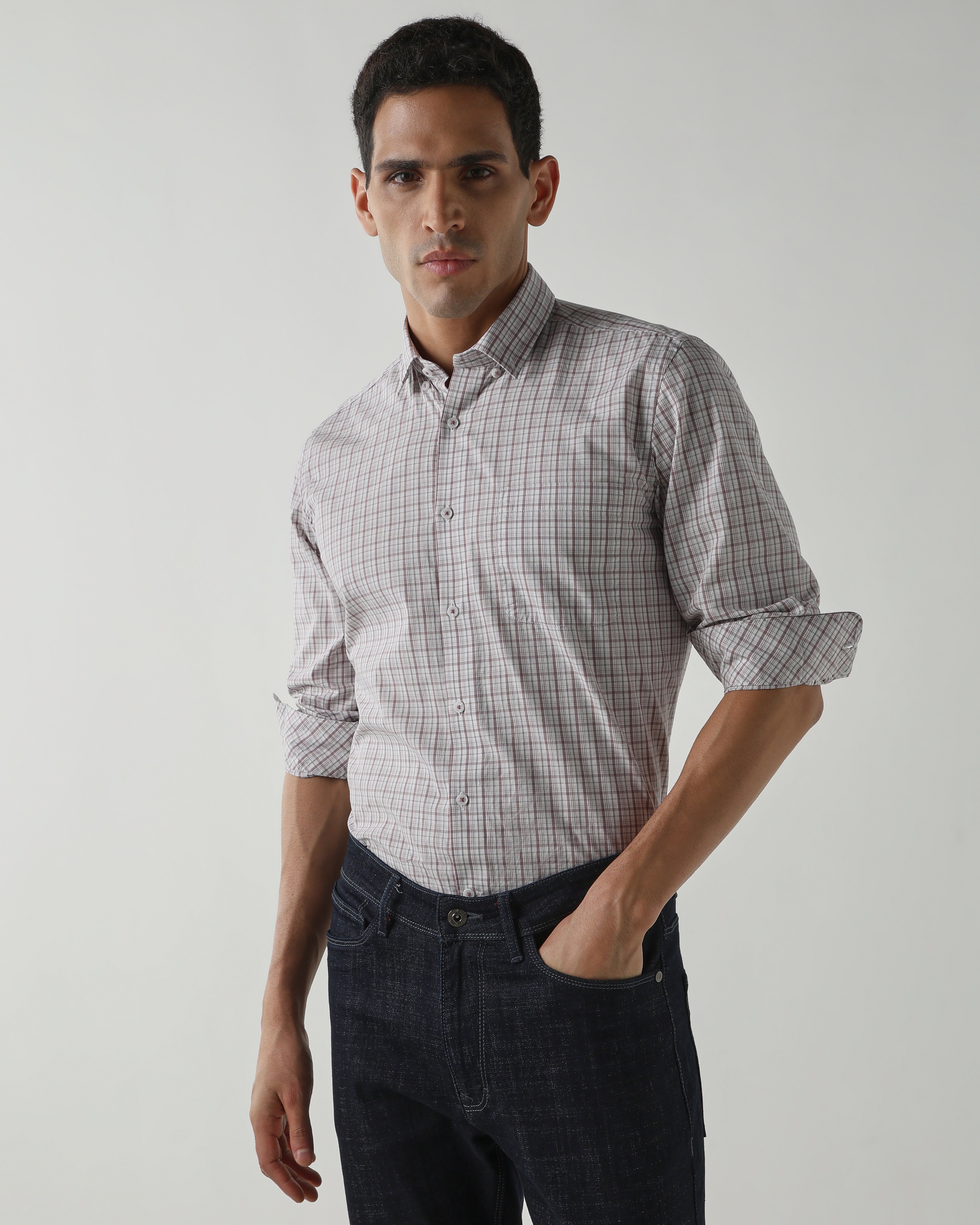 White/Lt Brown Pure Cotton Shirts for Men | Slim Fit Luxury Wear
