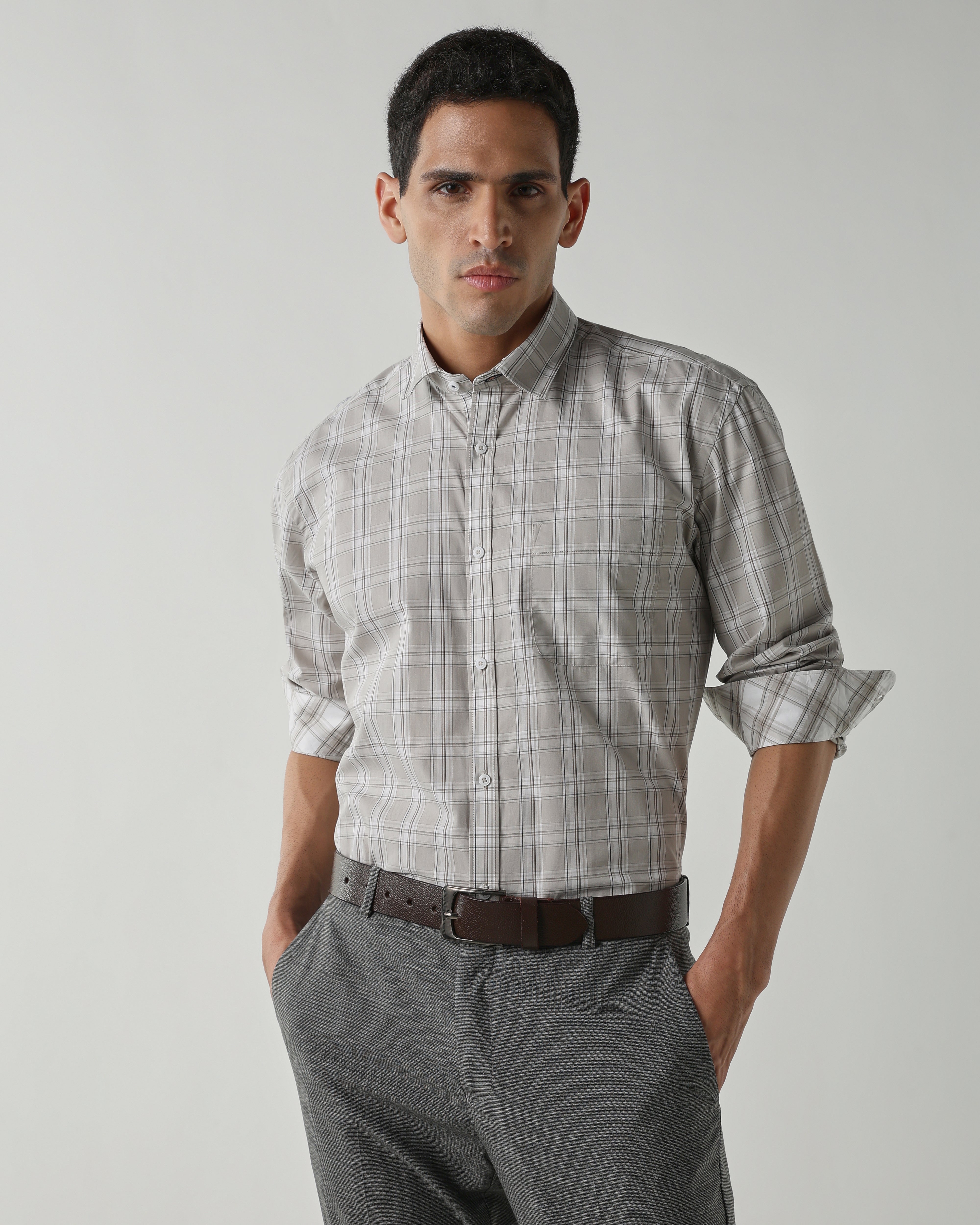 Beige/White Pure Cotton Shirts for Men | Regular Fit Luxury Wear