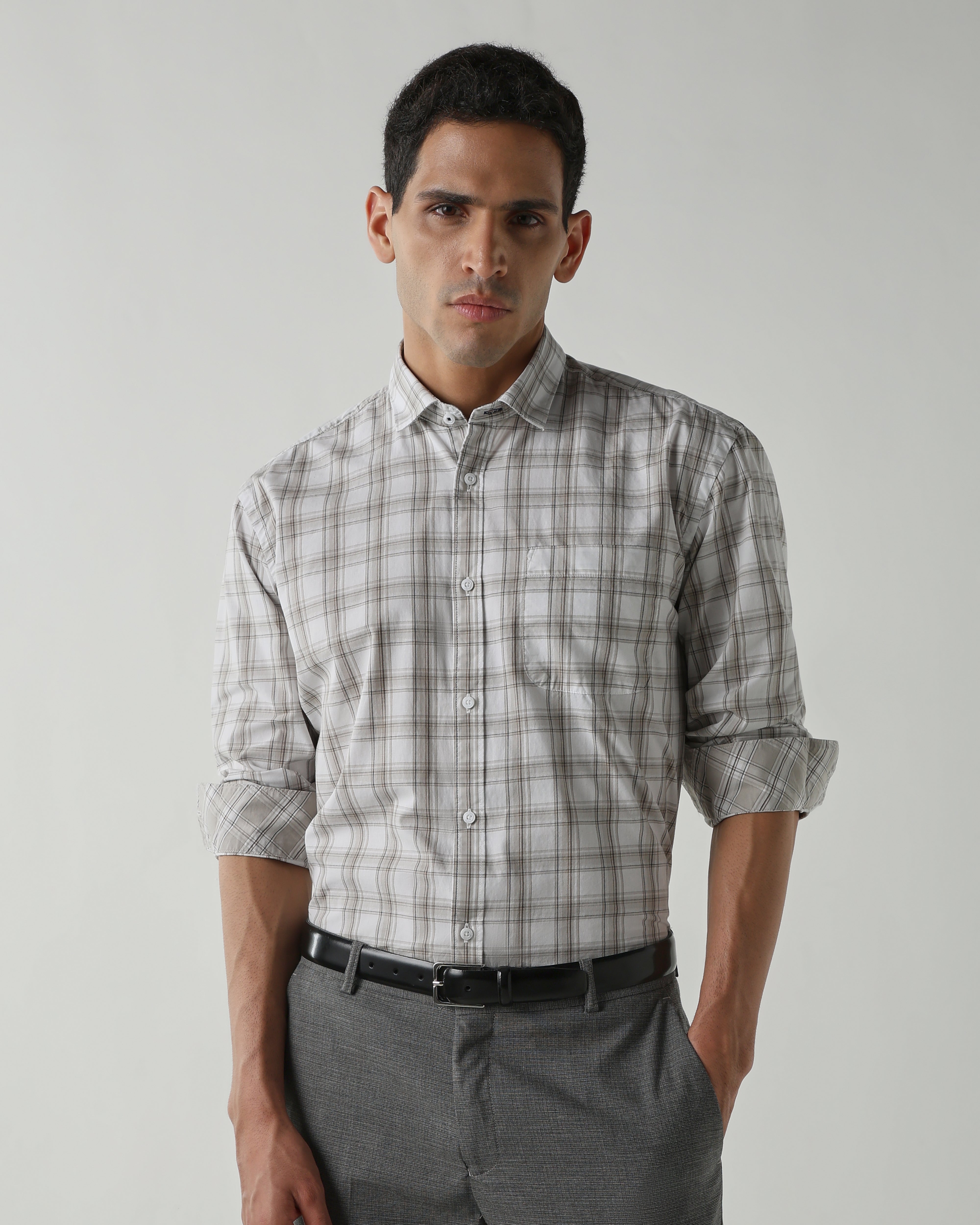 White/Beige Pure Cotton Shirts for Men | Regular Fit Luxury Wear