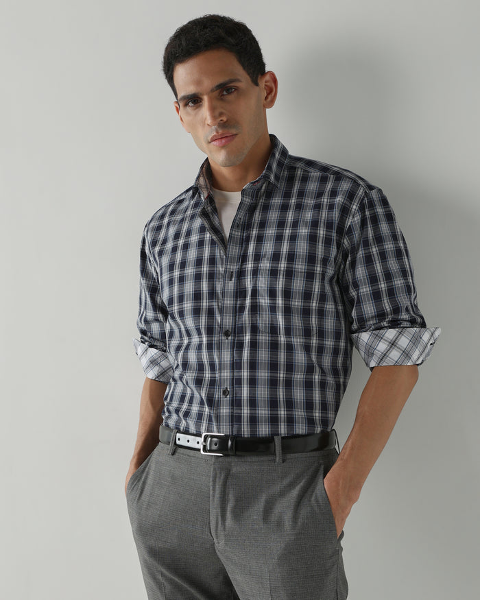 Navy/White Pure Cotton Shirts for Men | Regular Fit Luxury Wear