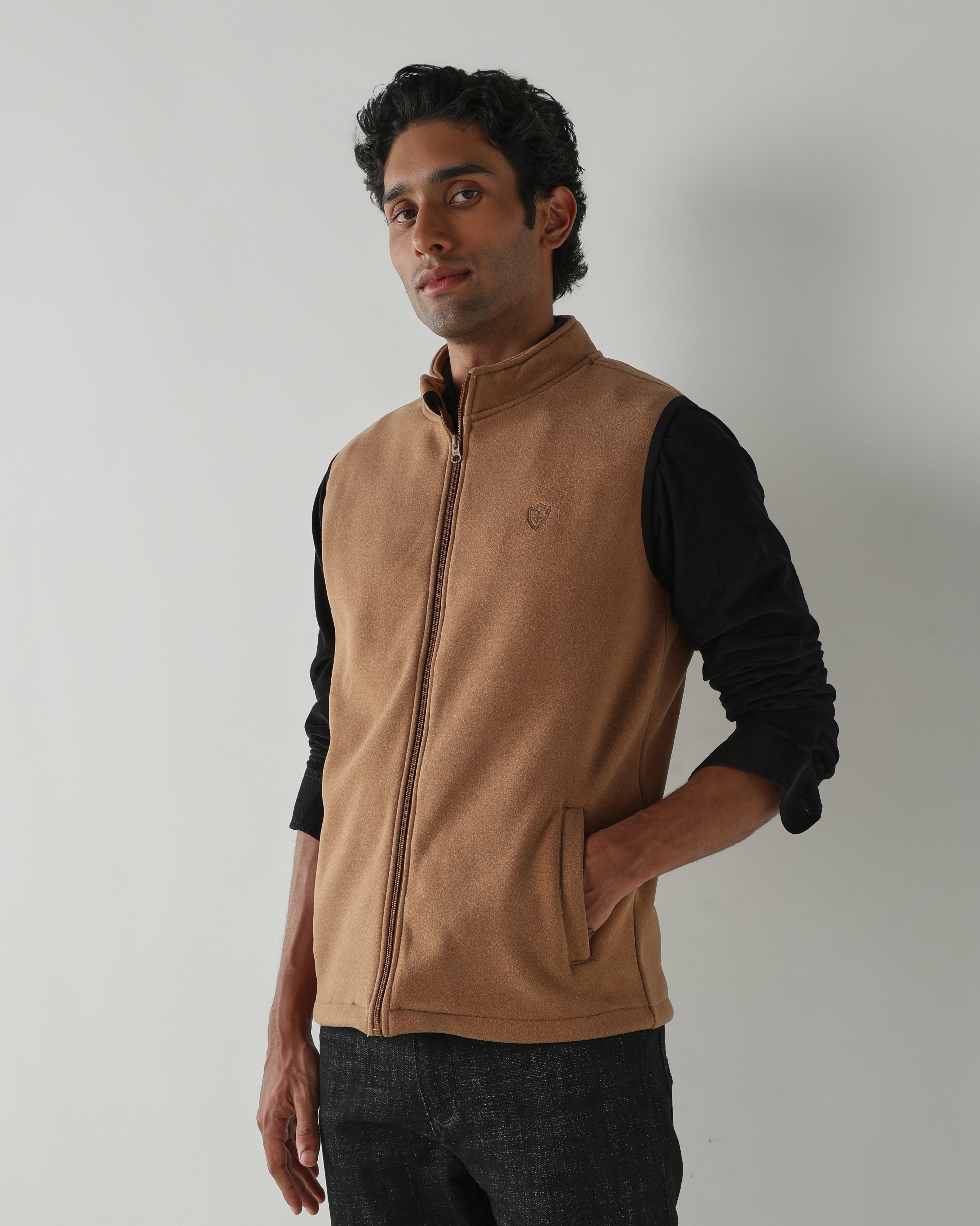 Round Neck Sleeveless  Jackets – Dark Camel