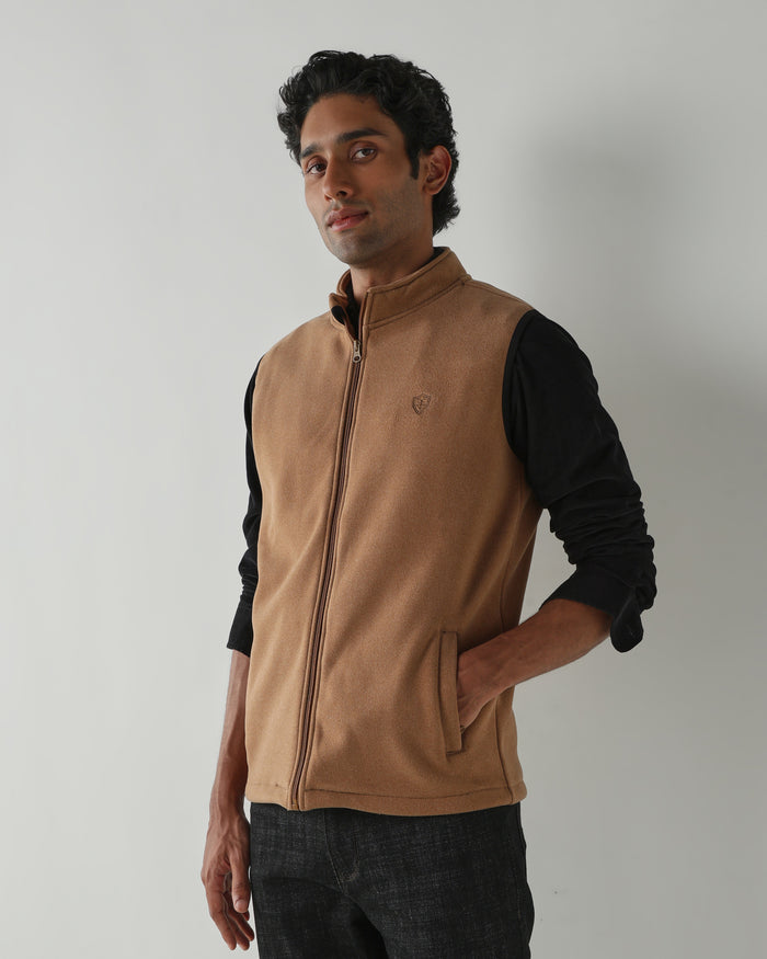 Round Neck Sleeveless  Jackets – Dark Camel