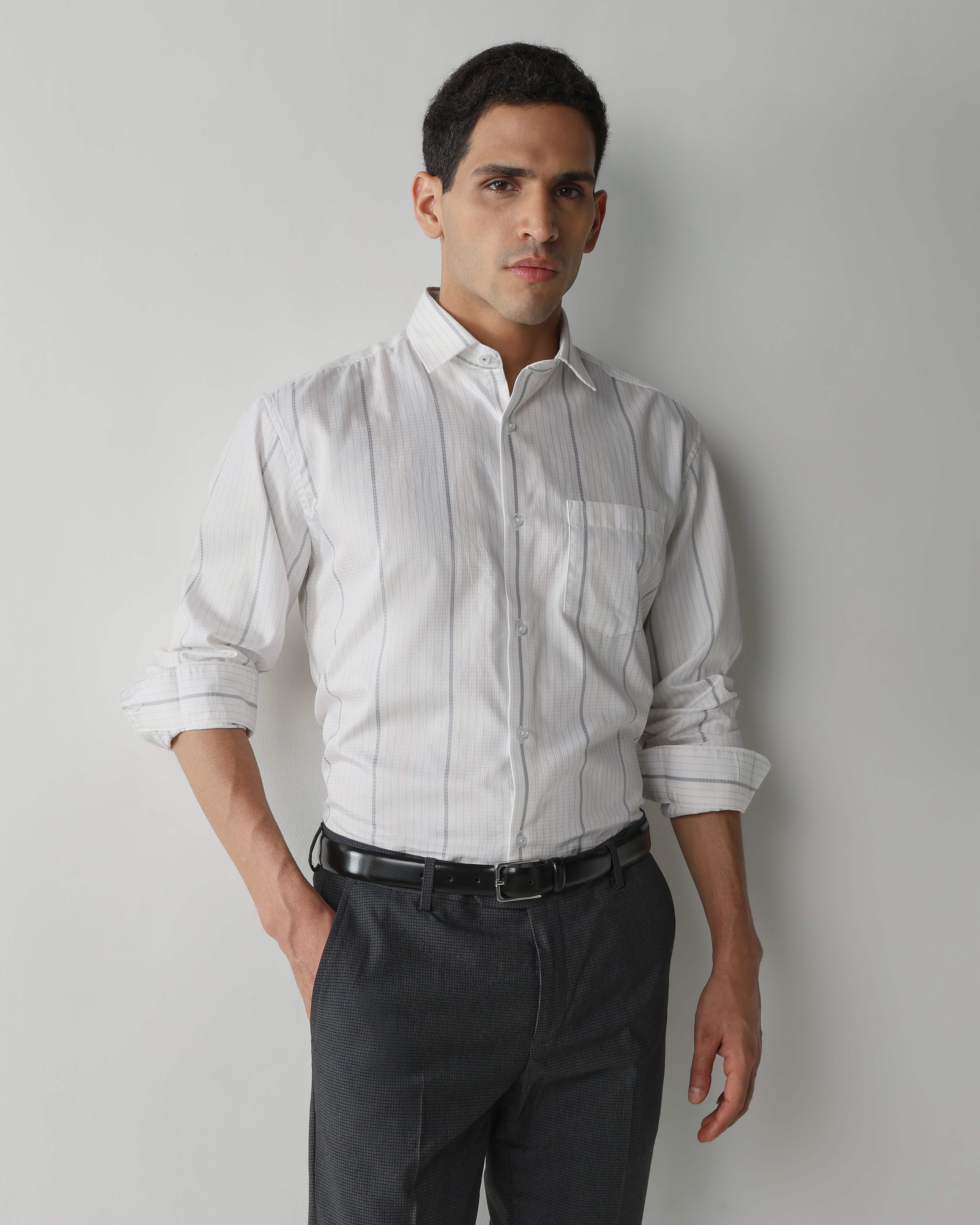 Grey/White Pure Cotton Shirts for Men | Regular Fit Luxury Wear