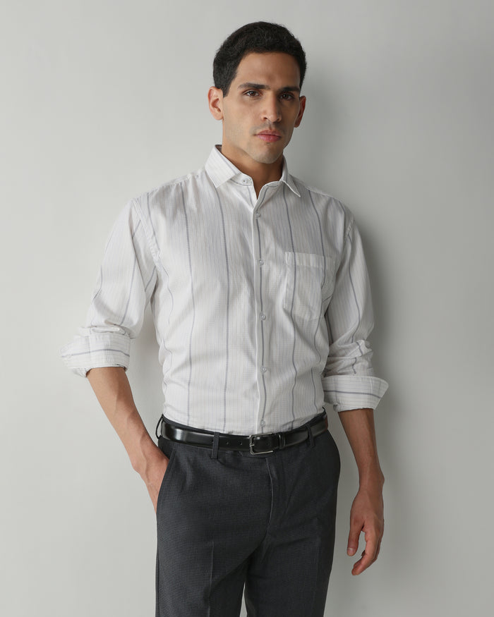Men's Pure Cotton Stripe Regular Fit Full Sleeve Formal Shirt - White & Grey