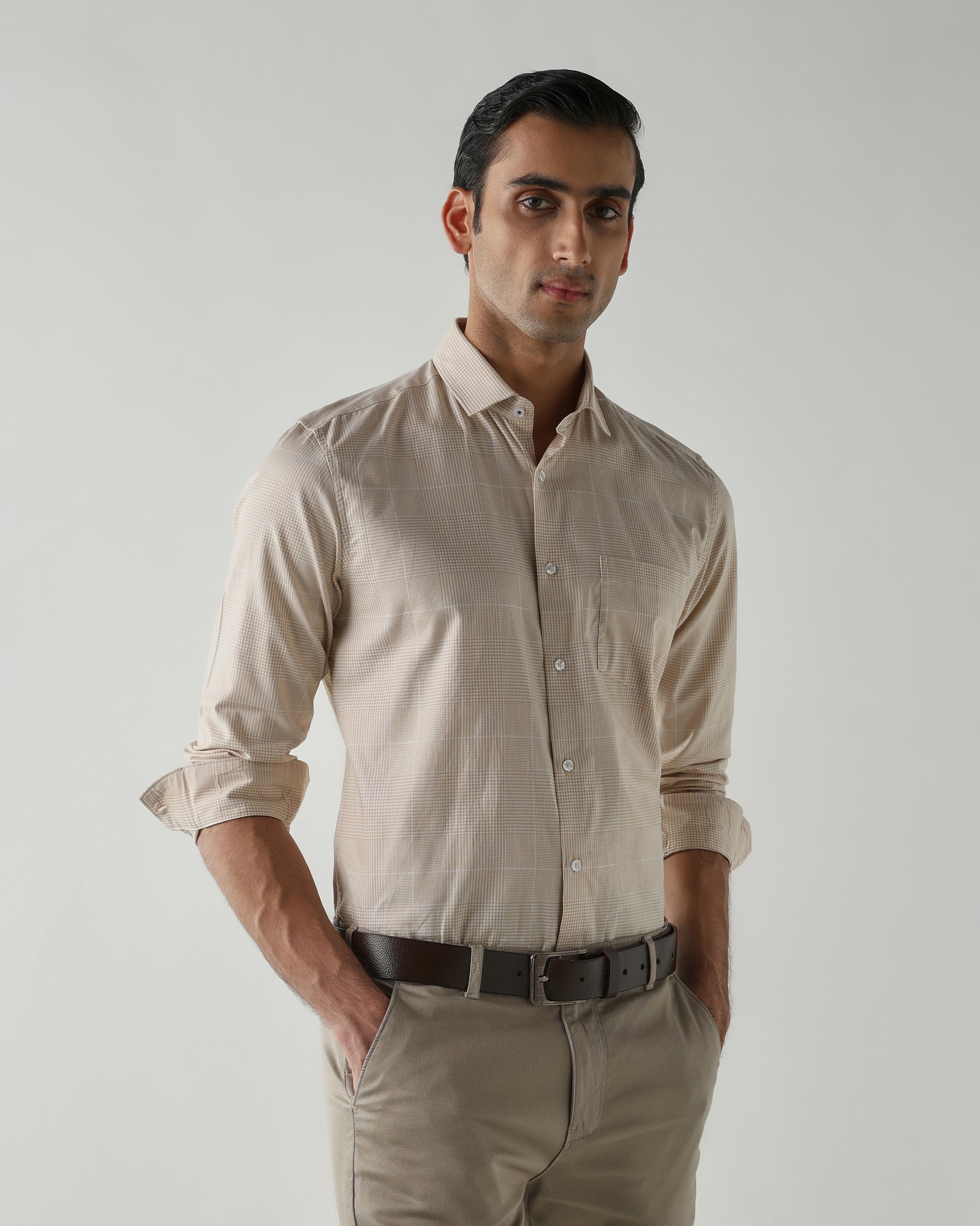 Beige/White Pure Cotton Shirts for Men | Slim Fit Luxury Wear