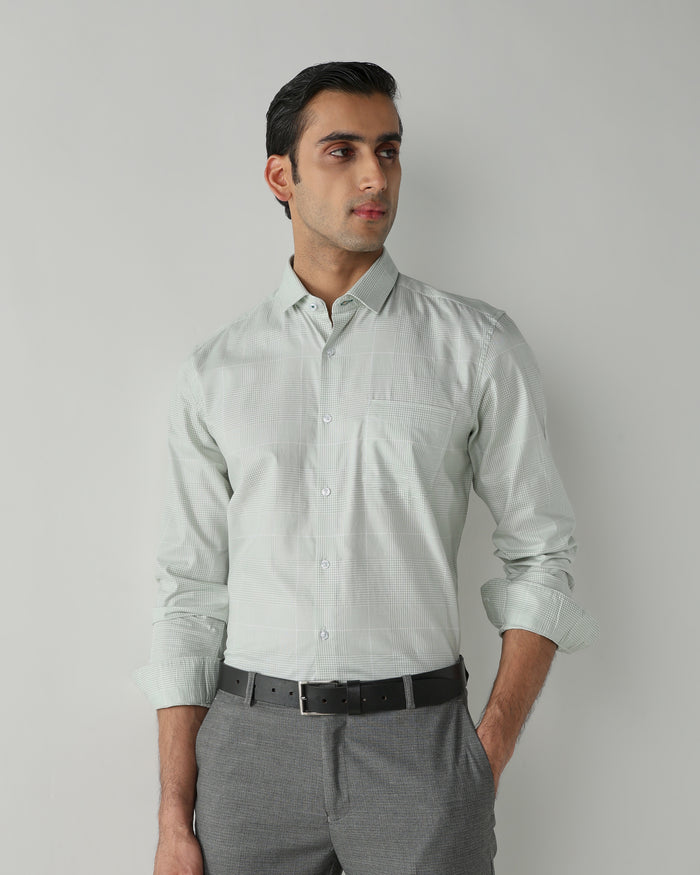 Men's Pure Cotton Checks Slim Fit Full Sleeve Formal Shirt - White & Green