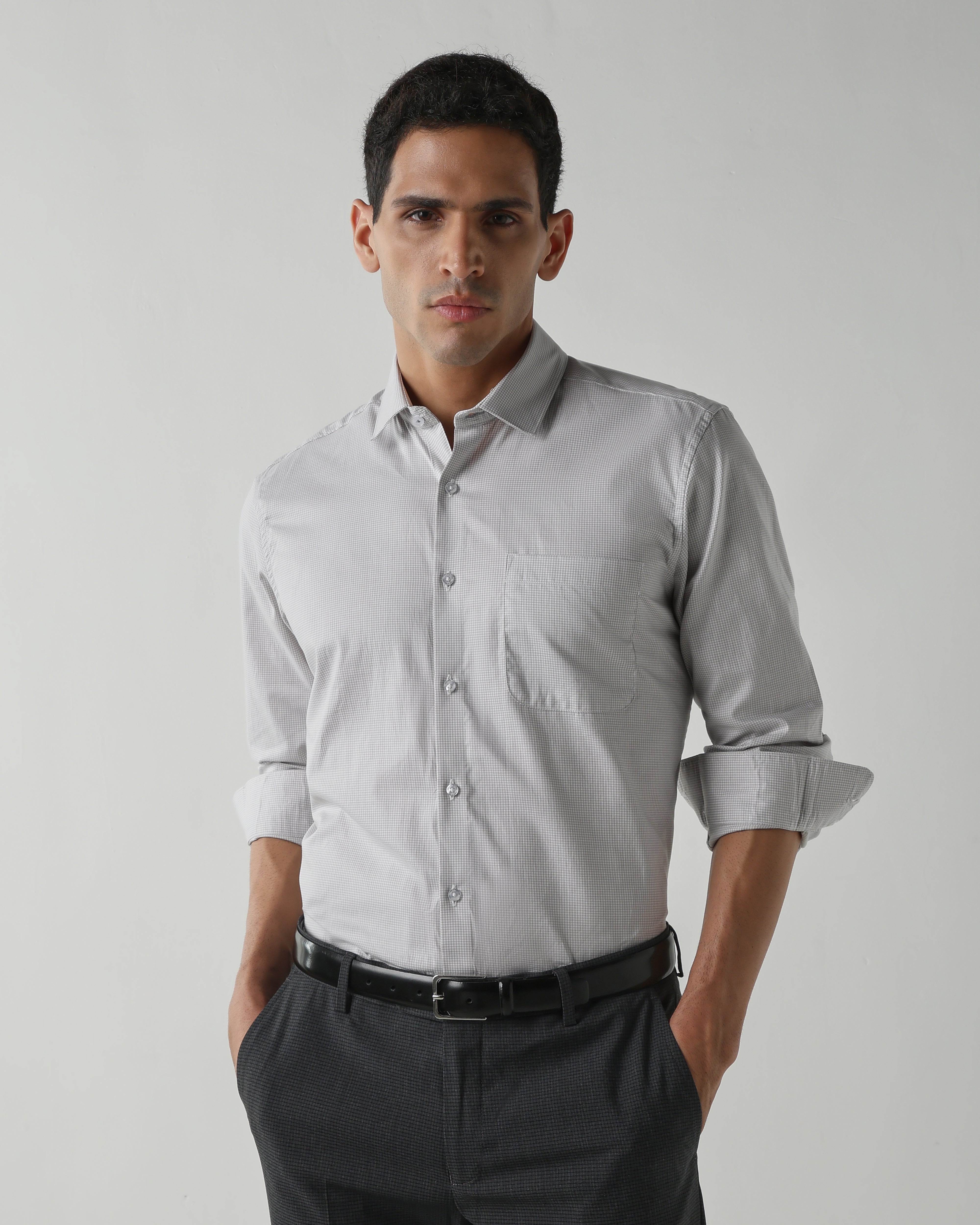 Lt Grey/White Pure Cotton Shirts for Men | Slim Fit Luxury Wear