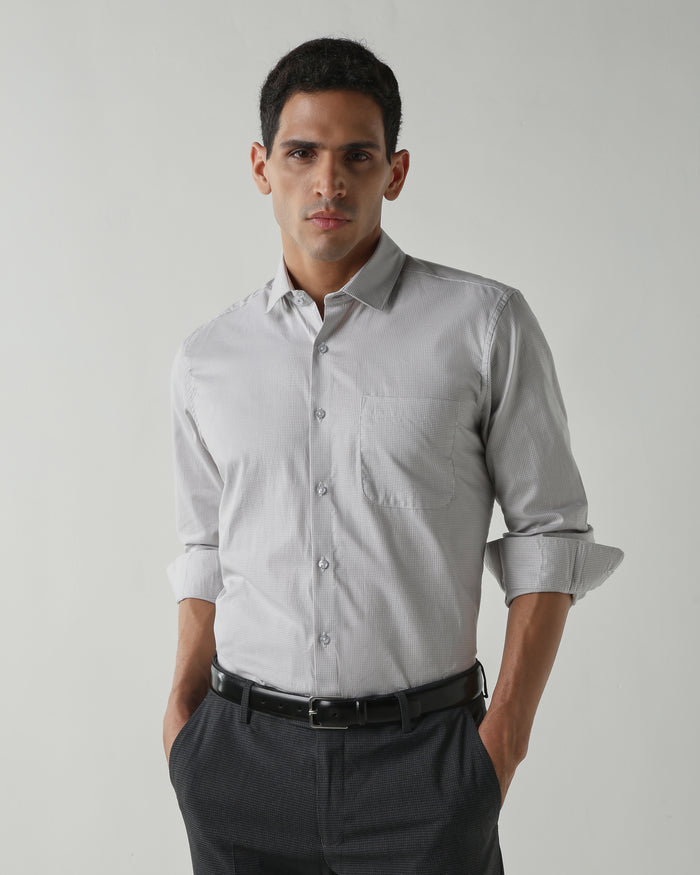 Men's Pure Cotton Checks Slim Fit Full Sleeve Formal Shirt - White & Grey