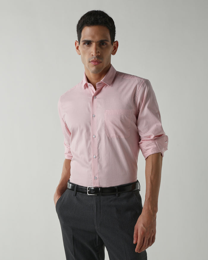 Men's Pure Cotton Checks Slim Fit Full Sleeve Formal Shirt - Pink