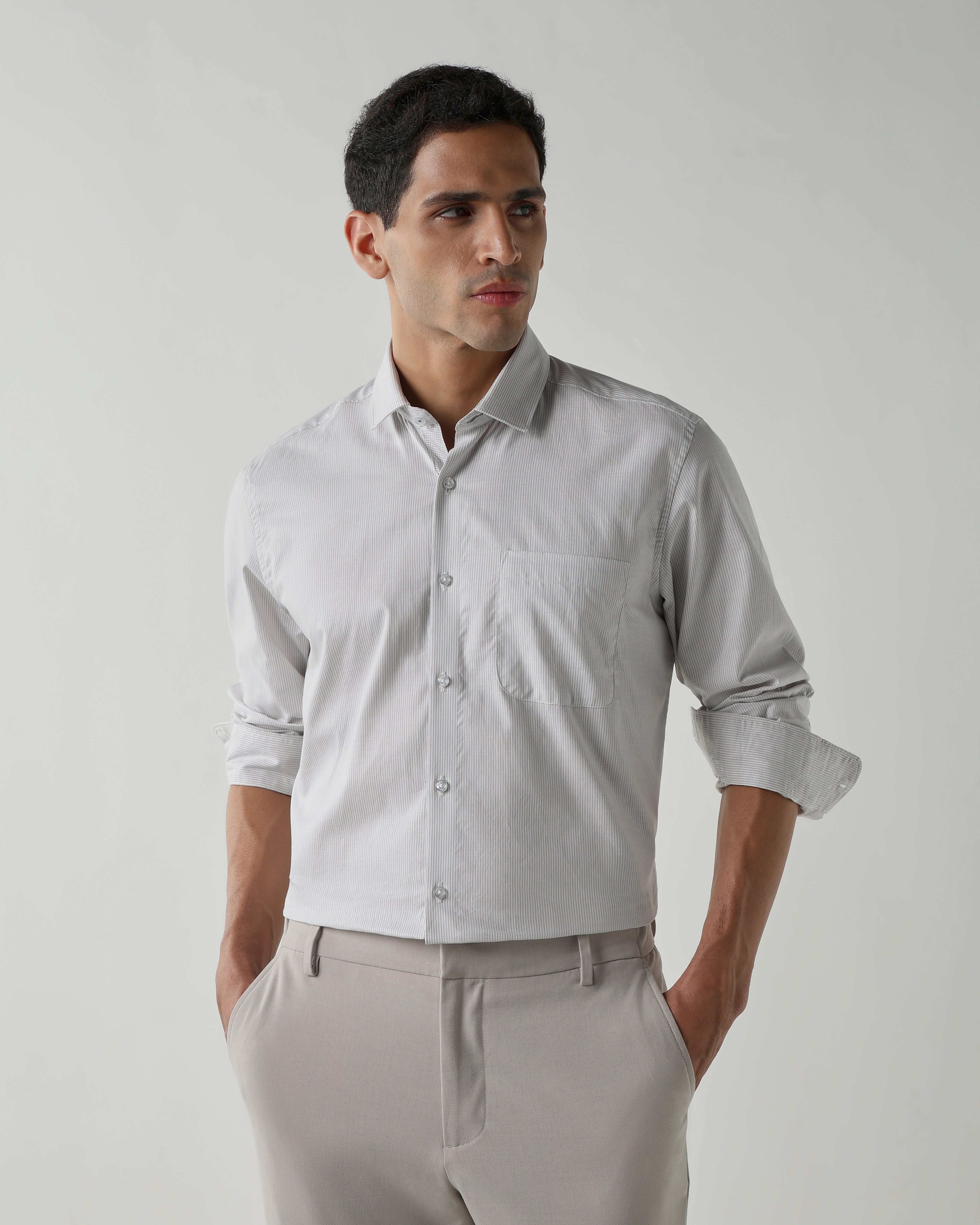 Lt Grey/White Pure Cotton Shirts for Men | Slim Fit Luxury Wear