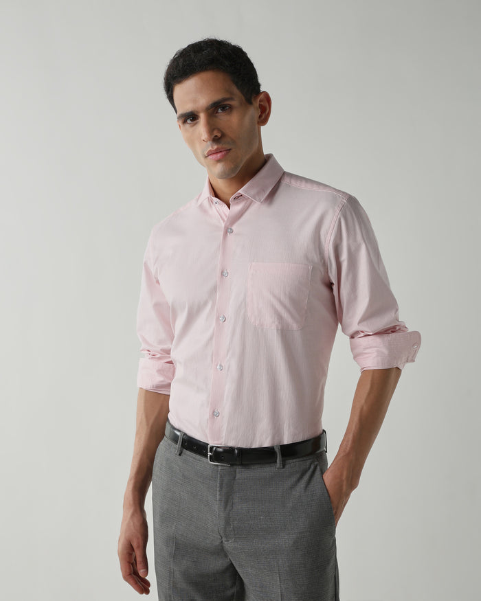Men's Pure Cotton Stripe Stripe Slim Fit Full Sleeve Formal Shirt - Pink