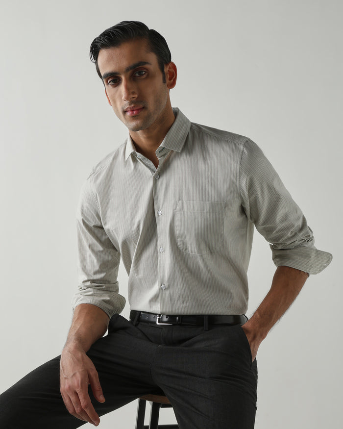 Men's Pure Cotton Stripe Stripe Slim Fit Full Sleeve Formal Shirt - Green