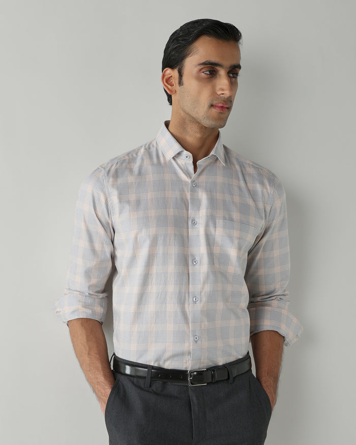 Men's Pure Cotton Checks Slim Fit Full Sleeve Formal Shirt - White & Orange