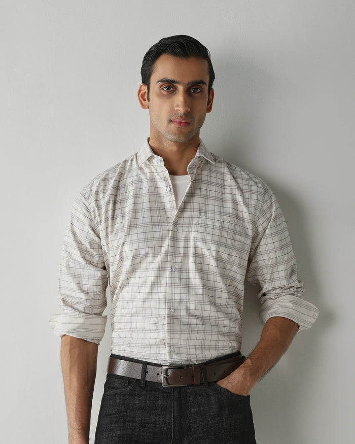 Men's Pure Cotton Checks Regular Fit Full Sleeve Formal Shirt - Off White & Brown