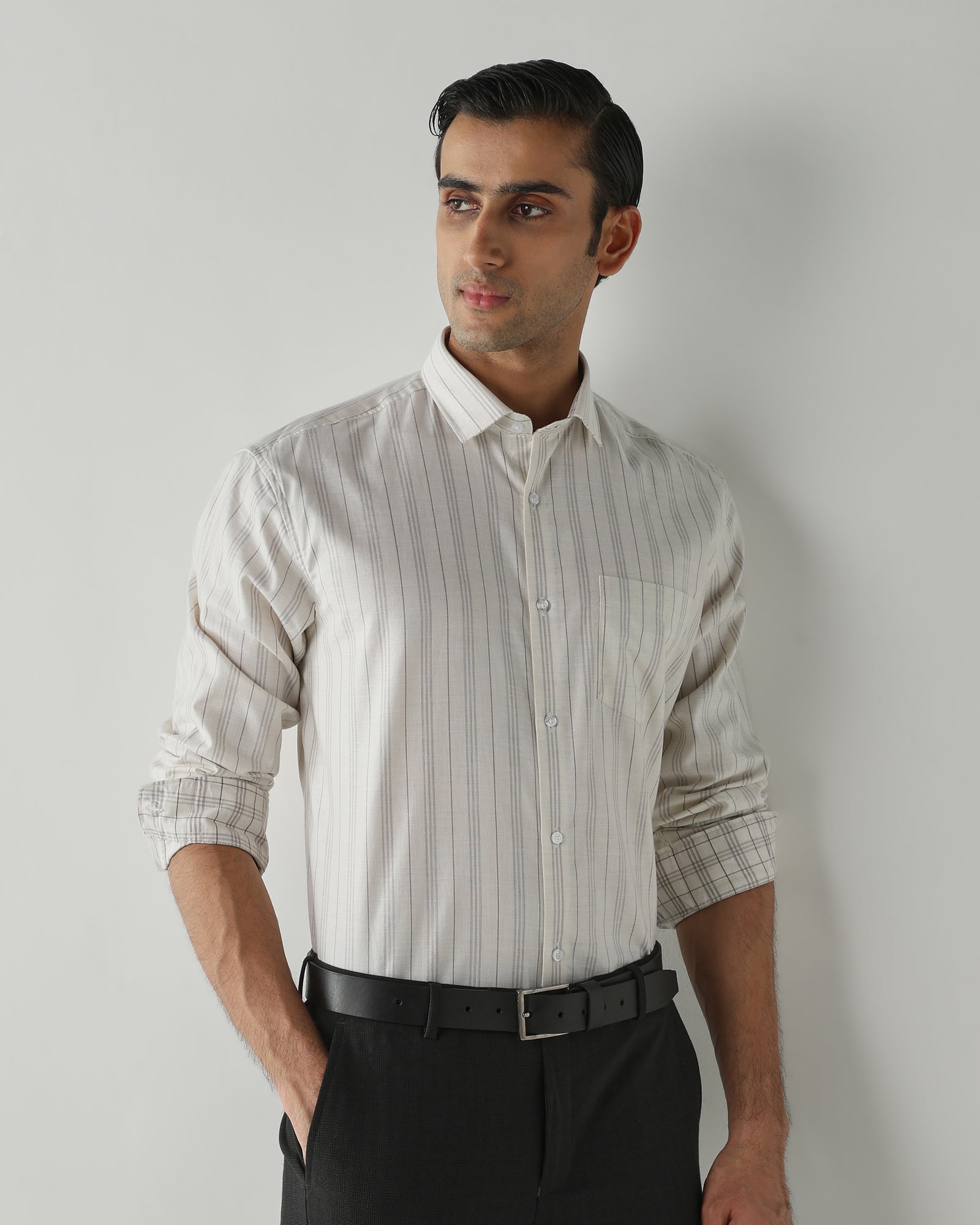 Off white/Brown Pure Cotton Shirts for Men | Regular Fit Luxury Wear