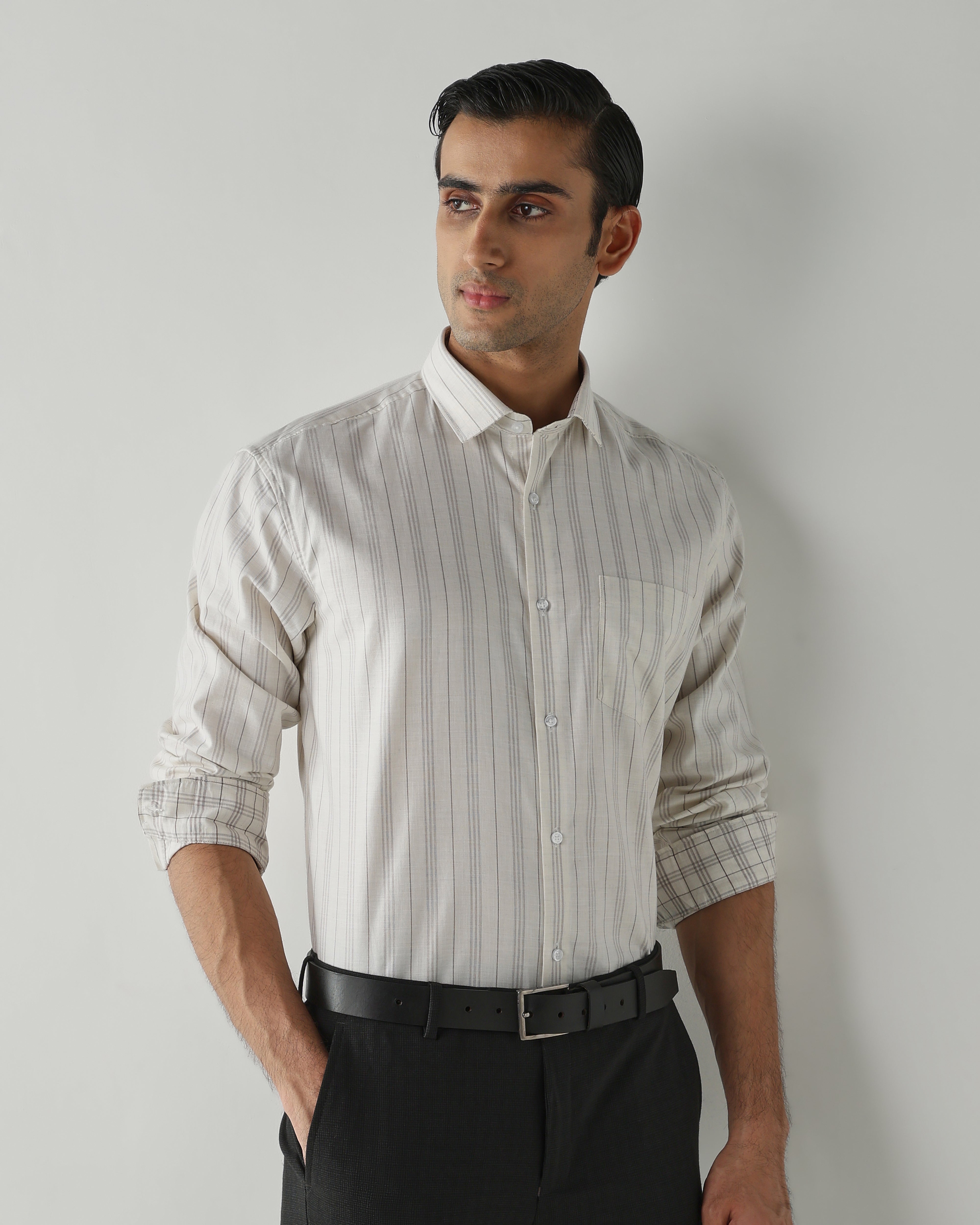 Off white/Brown Pure Cotton Shirts for Men | Regular Fit Luxury Wear