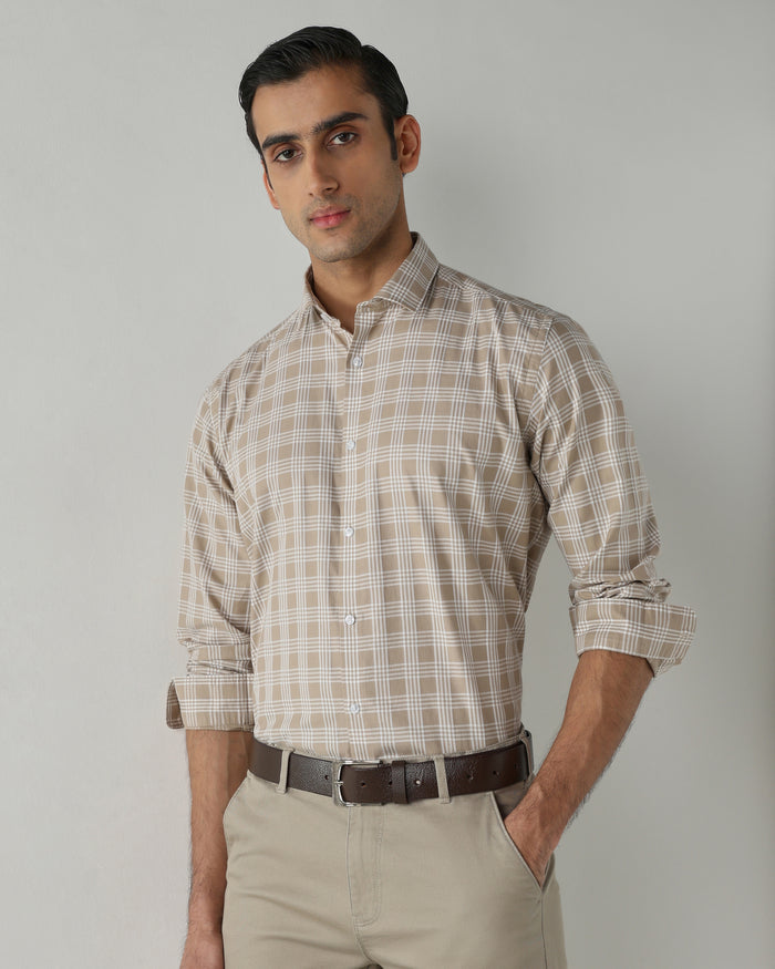 Men's Pure Cotton Checks Regular Fit Full Sleeve Casual Shirt - Brown
