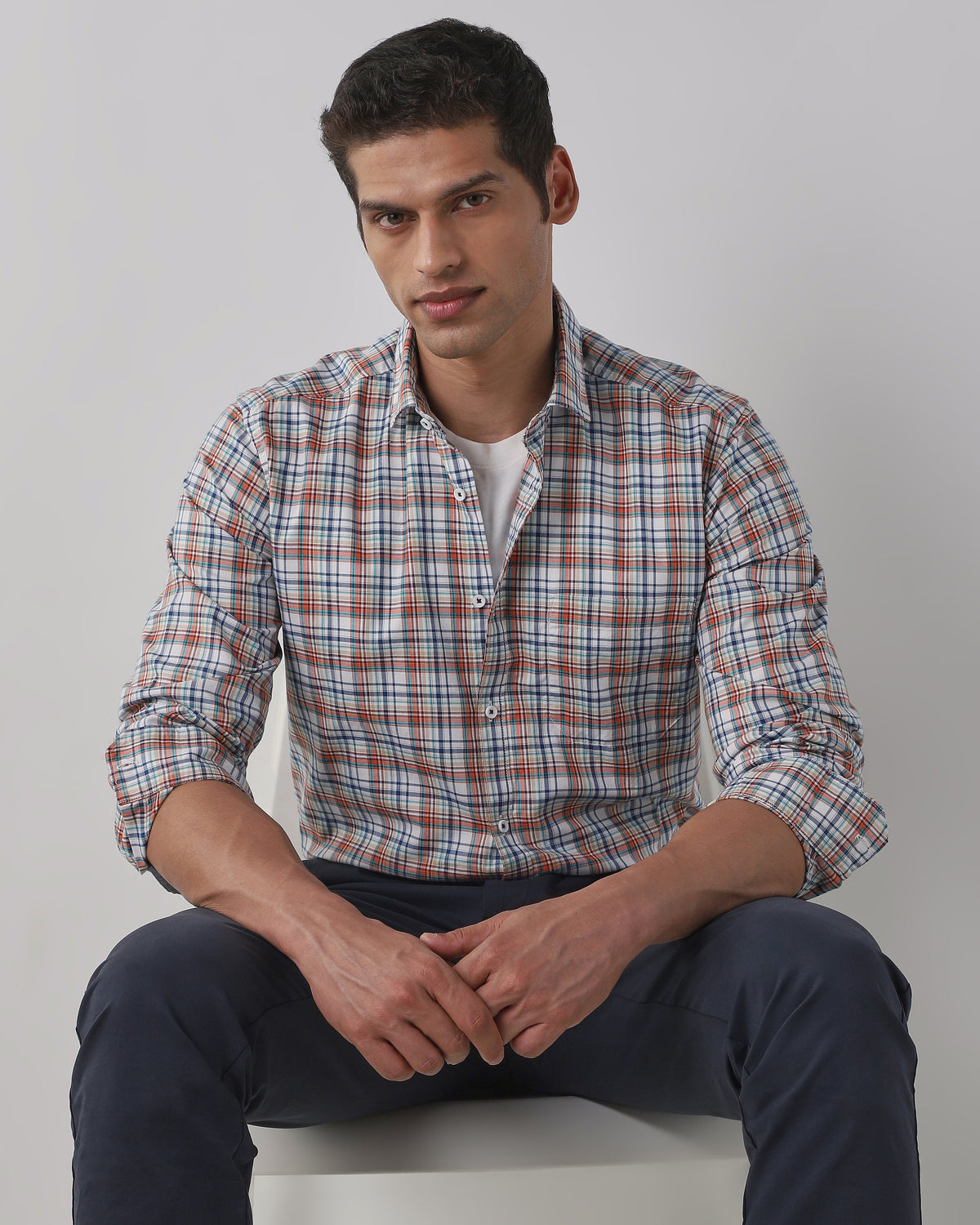 Men's Pure Cotton Checks Slim Fit Full Sleeve Casual Shirt - White