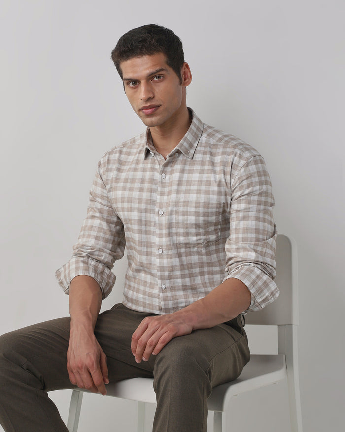 Men's Pure Cotton Checks Slim Fit Full Sleeve Casual Shirt - Beige