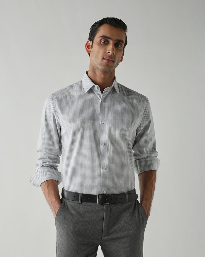 Men's Pure Cotton Checks Regular Fit Full Sleeve Formal Shirt - White & Grey
