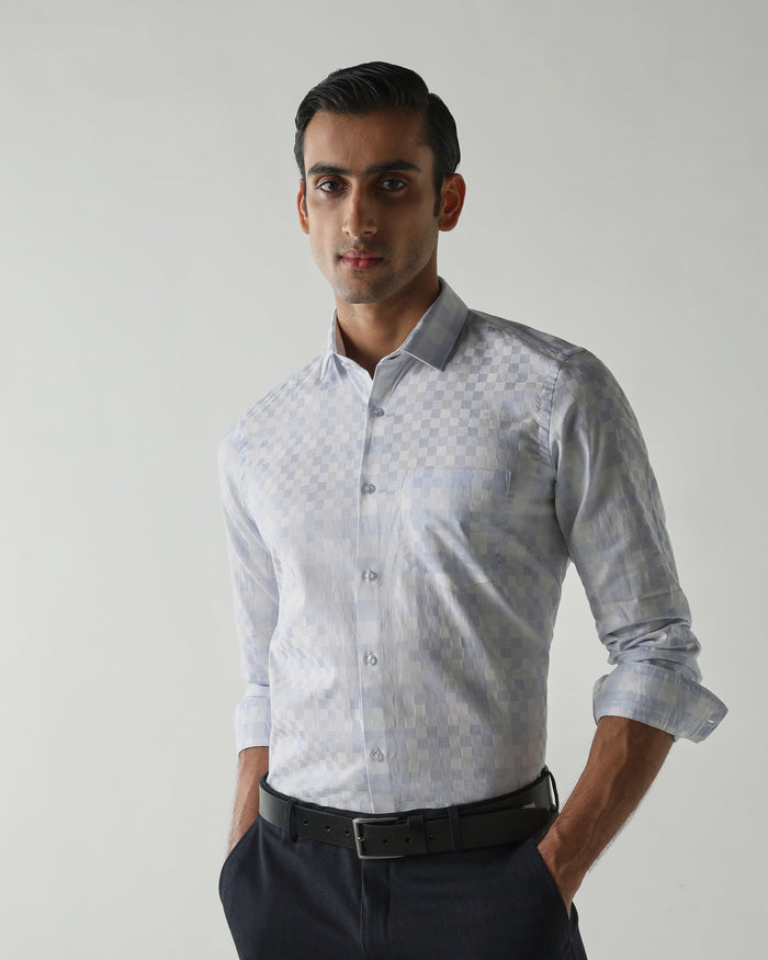 Men's Pure Cotton Checks Slim Fit Full Sleeve Formal Shirt - White & Blue