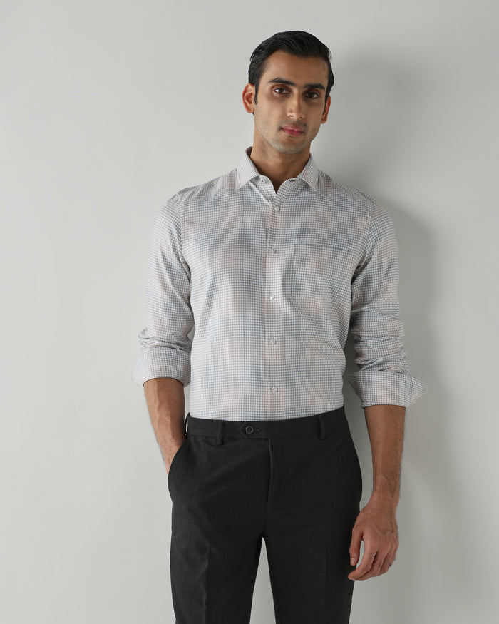Men's Pure Cotton Checks Slim Fit Full Sleeve Formal Shirt - White & Brown