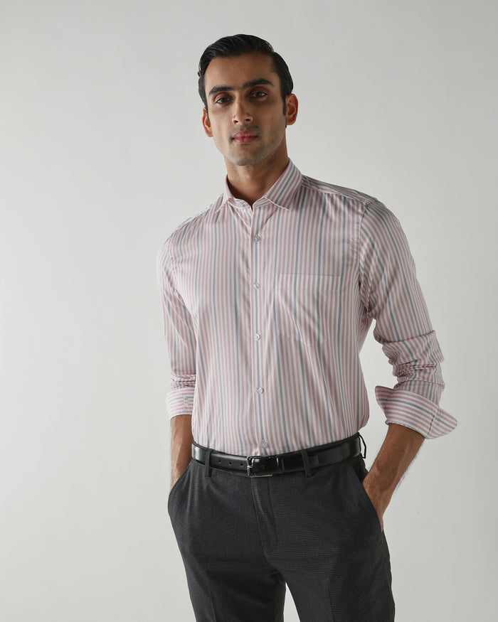 Men's Pure Cotton Stripe Slim Fit Full Sleeve Casual Shirt - White & Pink