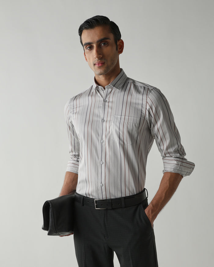 Men's Pure Cotton Stripe Stripe Slim Fit Full Sleeve Casual Shirt - White & Grey