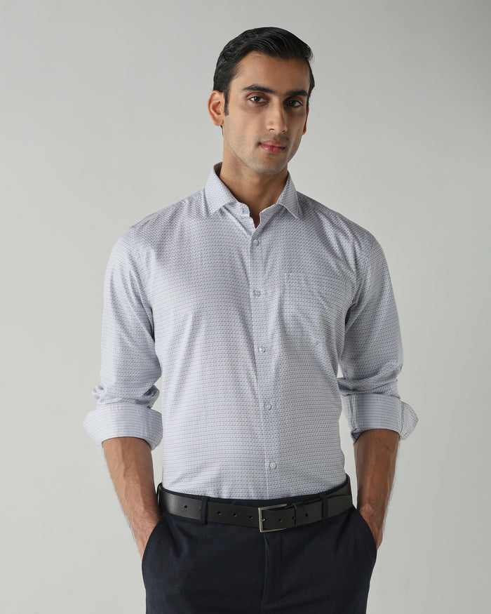 Men's Pure Cotton Dobby Regular Fit Full Sleeve Formal Shirt - White & Blue